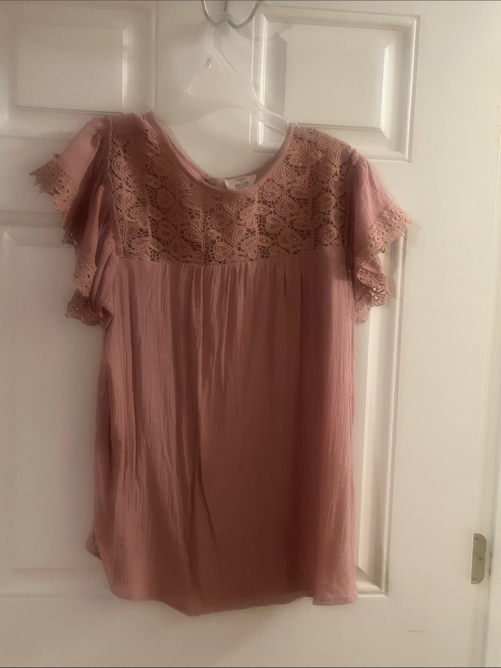 Blu Pepper Dusty Rose Lace Yoke Flutter Sleeve Blouse